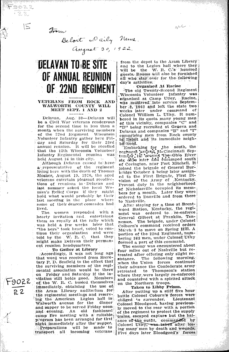 Source: Beloit Daily News Topics: Civil War Date: 1922-08-30