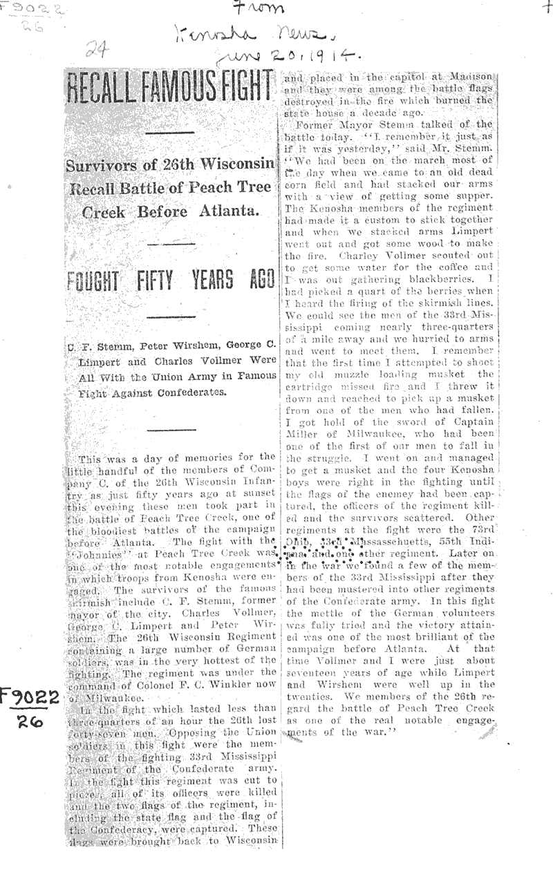  Source: Kenosha News Topics: Civil War Date: 1914-06-20