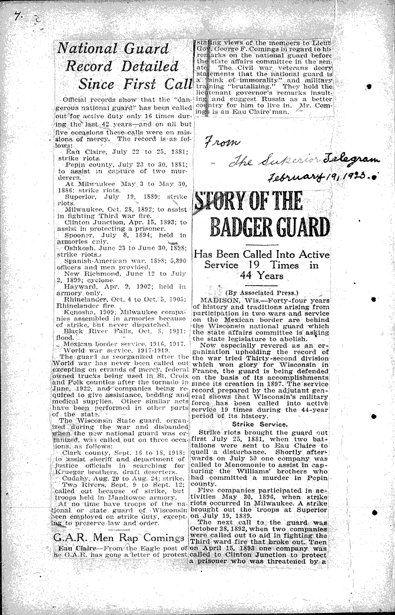  Source: Superior Telegram Topics: Wars Date: 1923-02-19