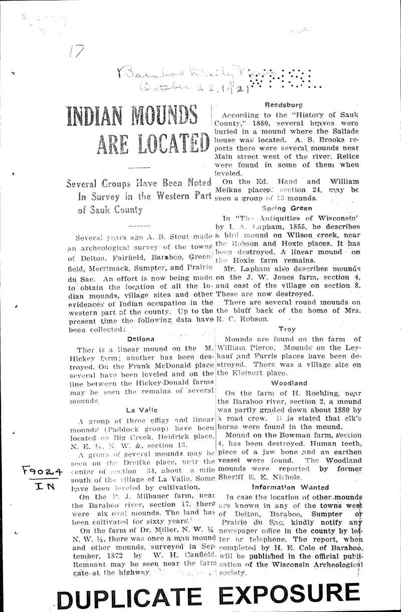 Source: Baraboo Daily News Topics: Indians and Native Peoples Date: 1921-10-22