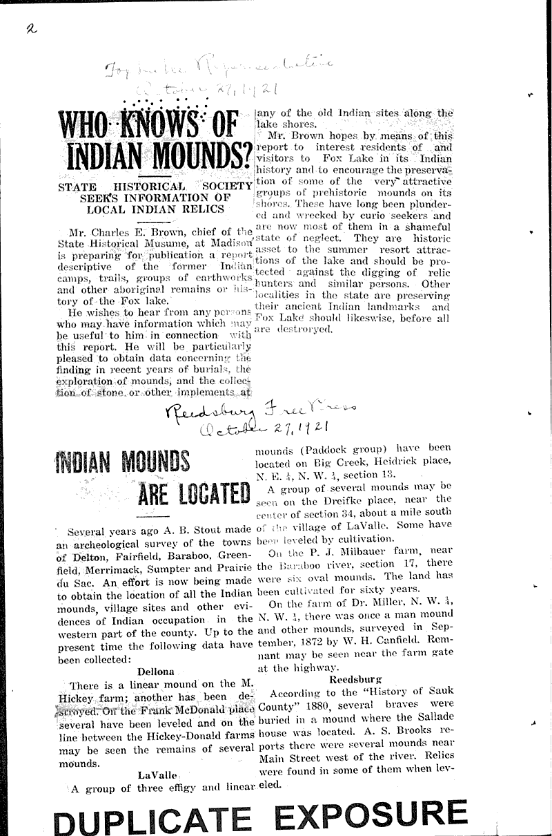  Source: Reedsburg Free Press Topics: Indians and Native Peoples Date: 1921-10-27