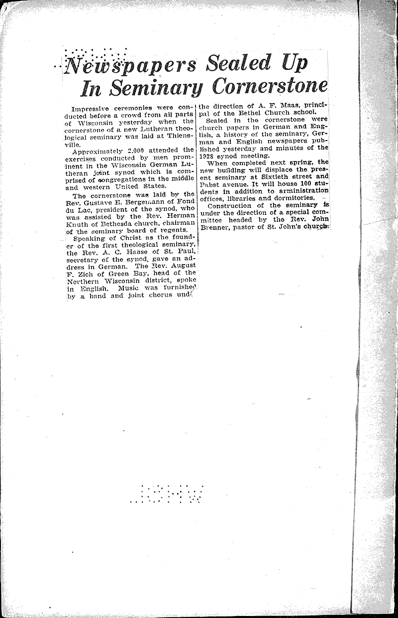  Source: Milwaukee Sentinel Topics: Church History Date: 1928-07-23