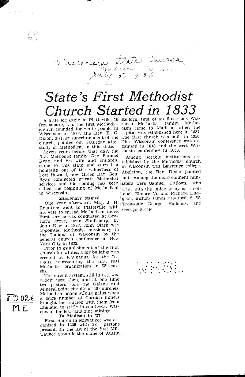  Source: Wisconsin State Journal Topics: Church History Date: 1936-07-05