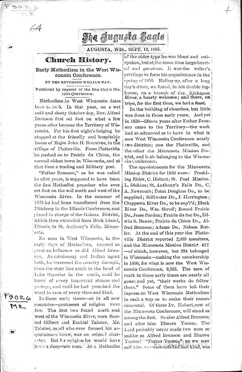  Source: Augusta Eagle Topics: Church History Date: 1885-09-12