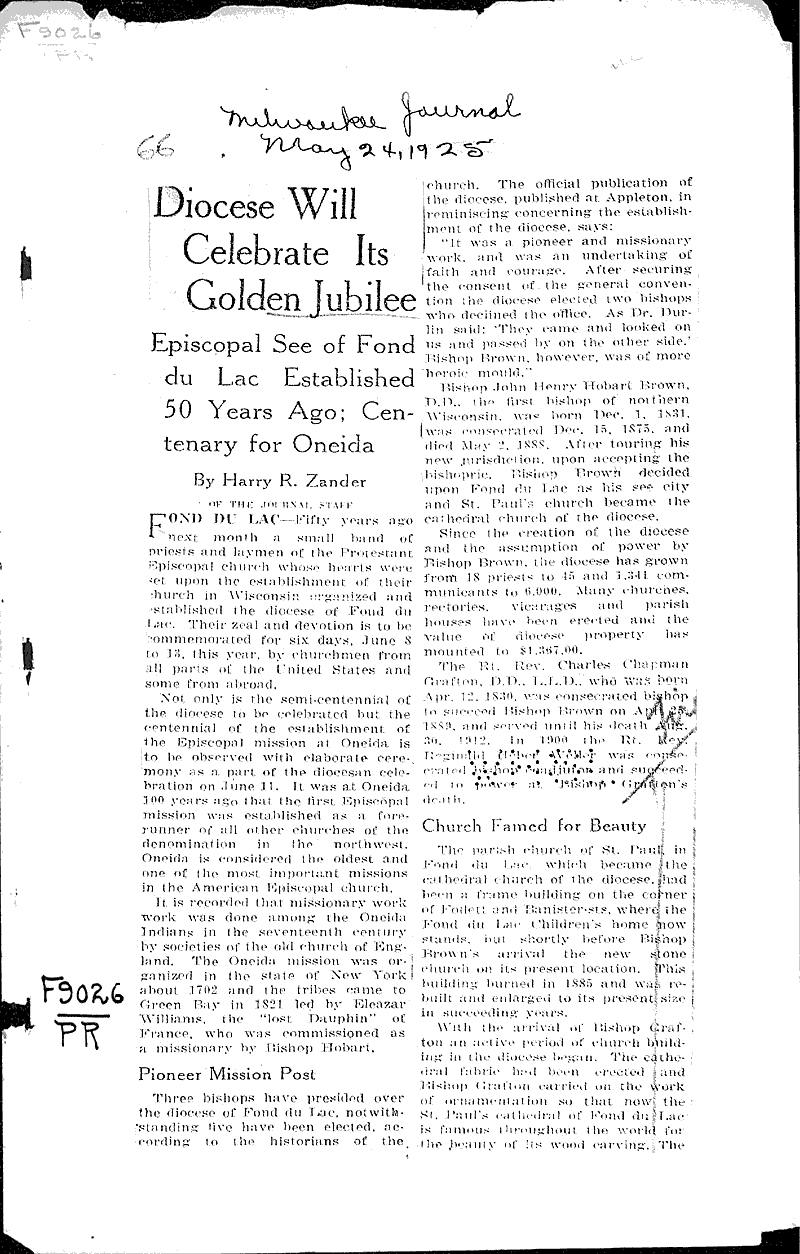  Source: Milwaukee Journal Topics: Church History Date: 1925-05-24