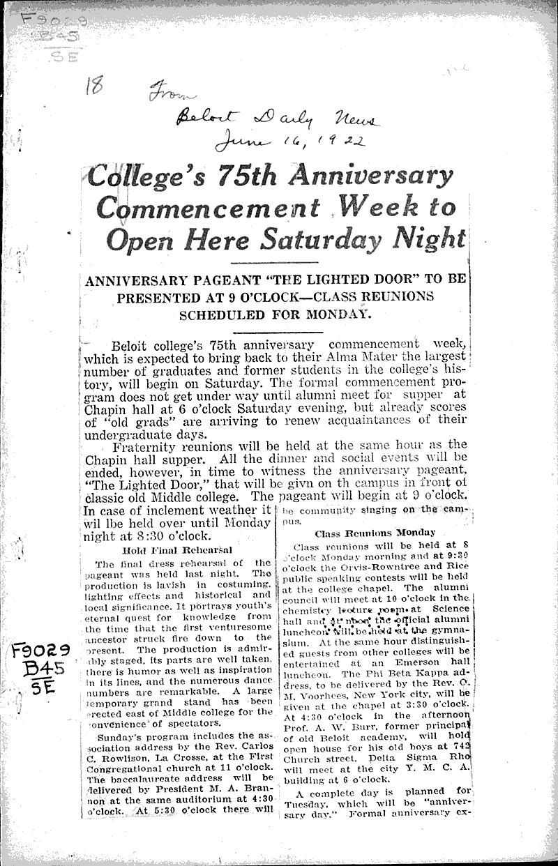  Source: Beloit Daily News Topics: Education Date: 1922-06-16