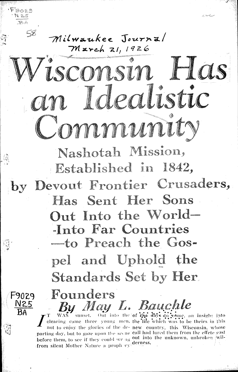  Source: Milwaukee Journal Topics: Church History Date: 1926-03-21