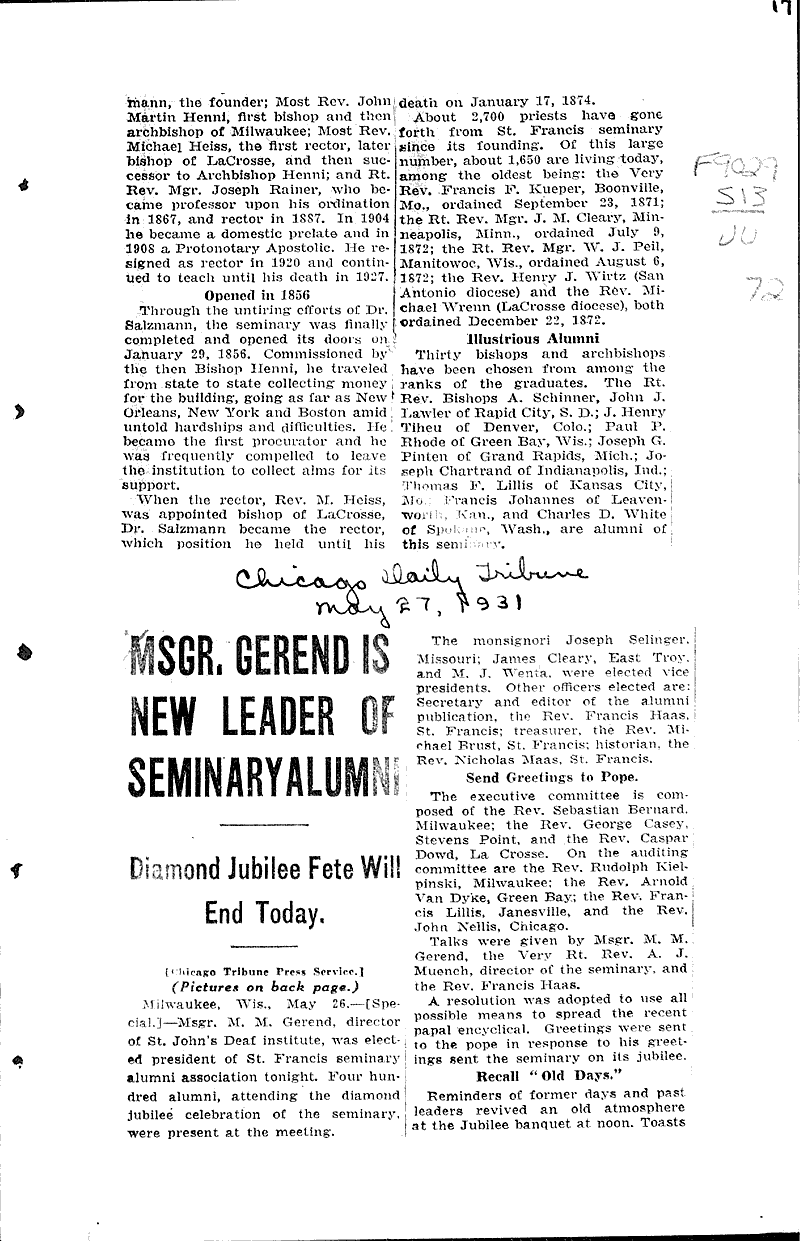  Source: Wisconsin News Topics: Church History Date: 1931-03-02