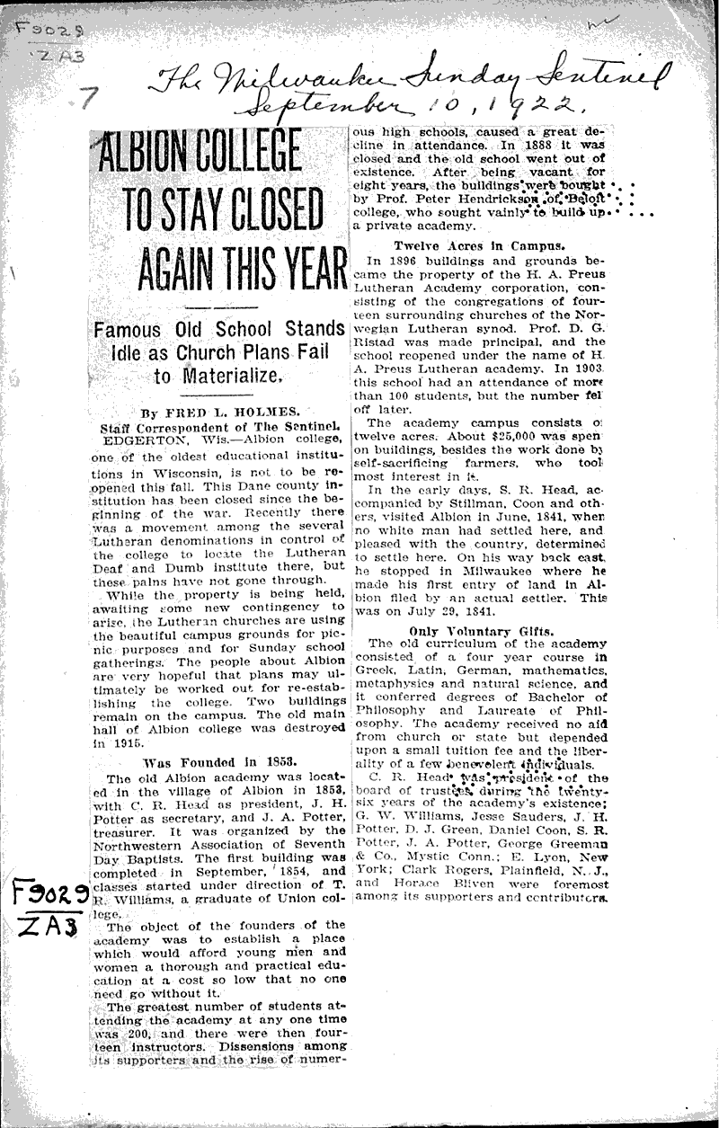  Source: Milwaukee Sunday Sentinel Topics: Education Date: 1922-09-10