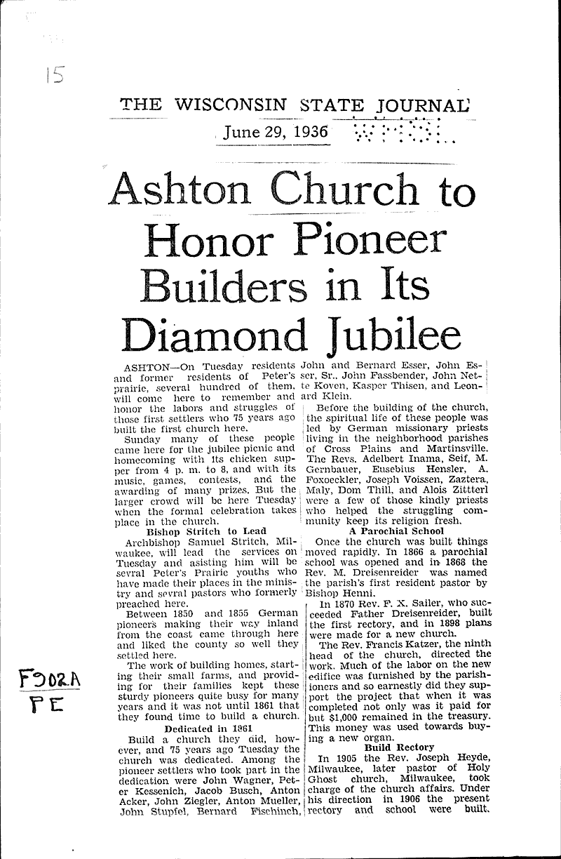  Source: Wisconsin State Journal Topics: Church History Date: 1936-06-29