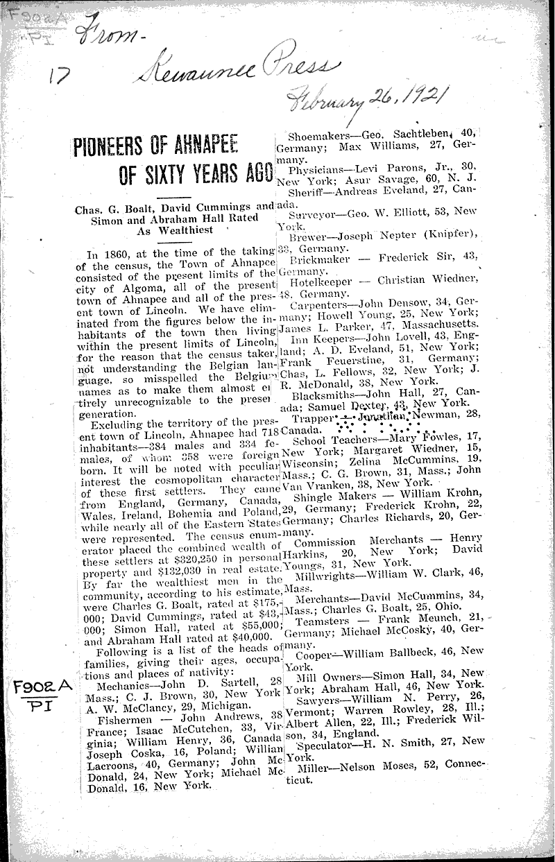  Source: Kewaunee Press Topics: Immigrants Date: 1921-02-26