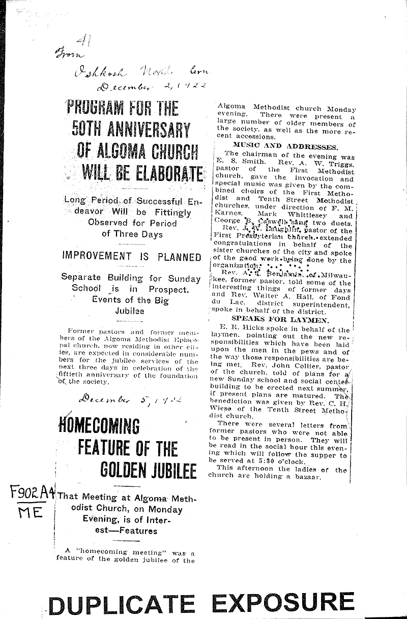  Source: Oshkosh Northwestern Topics: Church History Date: 1922-12-02