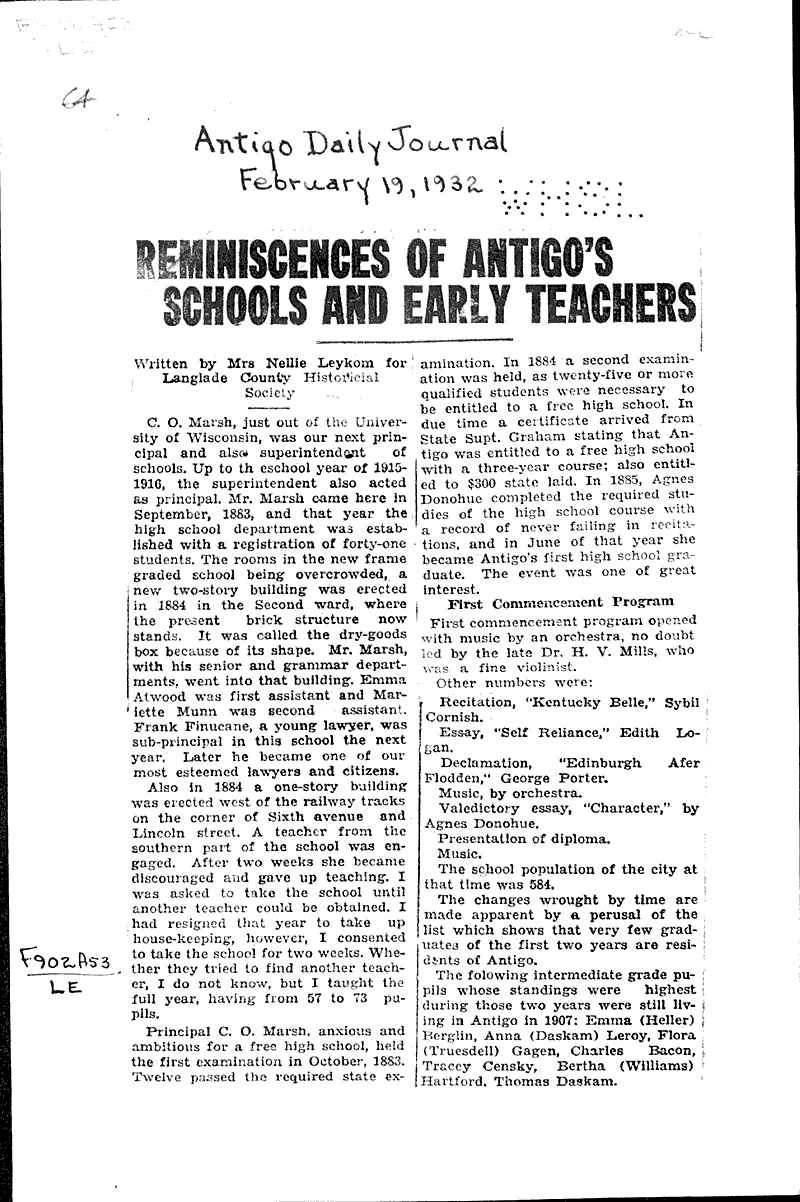  Source: Antigo Daily Journal Topics: Education Date: 1932-02-19