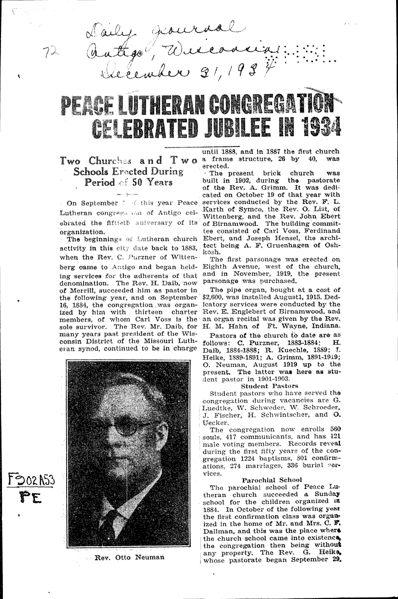  Source: Antigo Daily Journal Topics: Church History Date: 1934-12-21