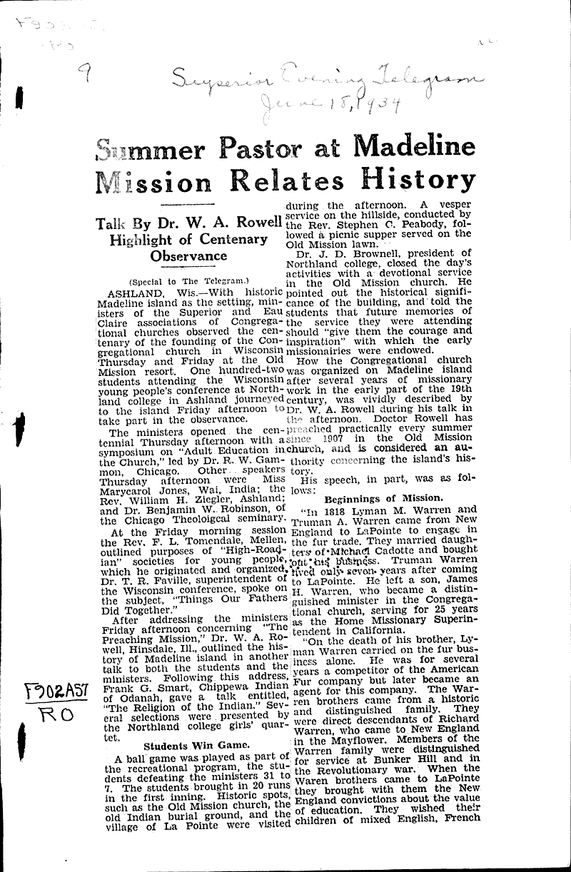  Source: Superior Evening Telegram Topics: Church History Date: 1934-06-15