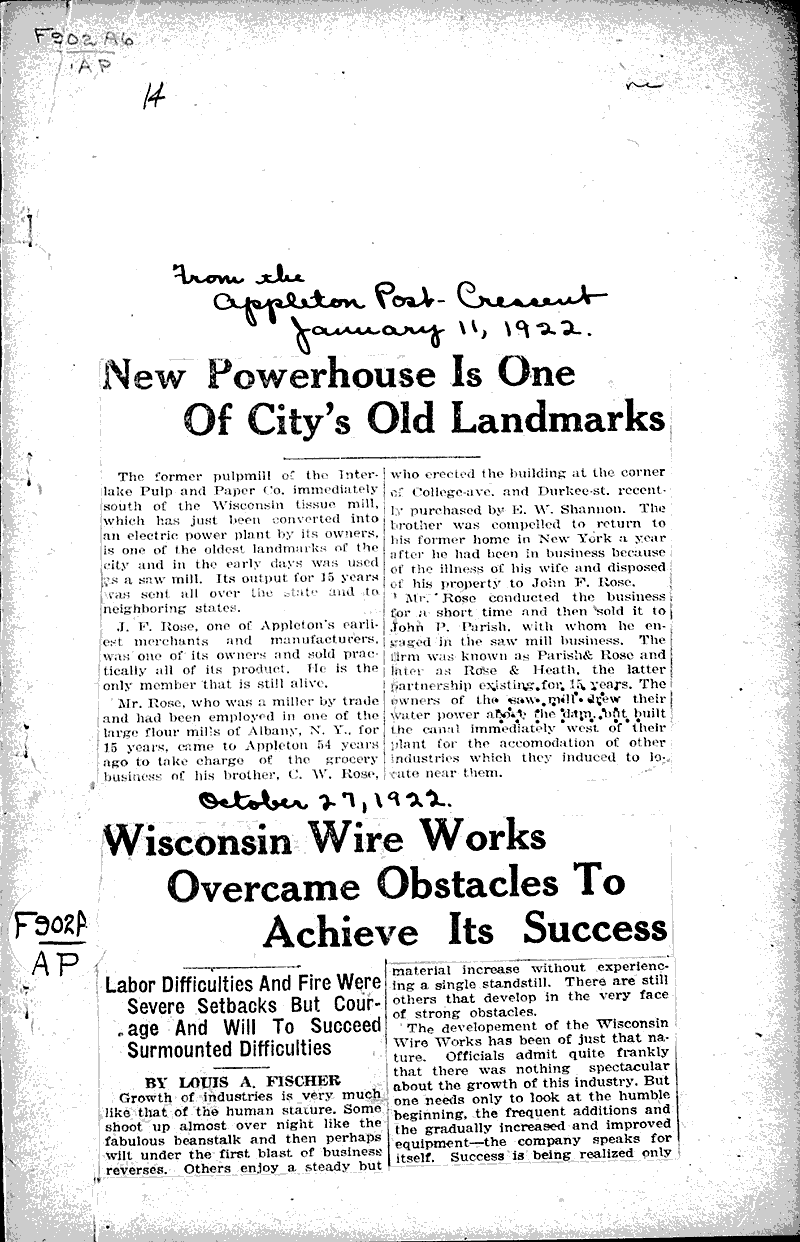  Source: Appleton Post-Crescent Topics: Industry Date: 1922-01-11