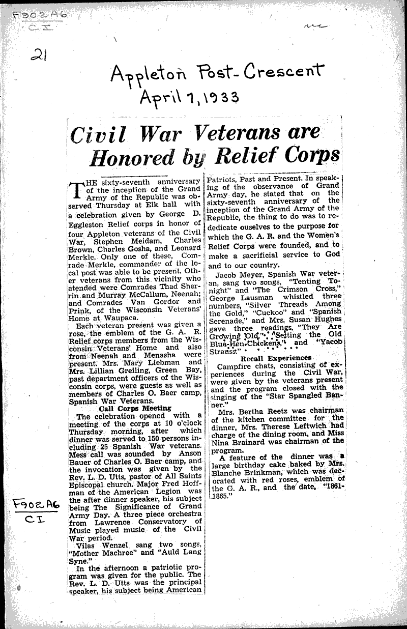  Source: Appleton Post-Crescent Topics: Civil War Date: 1933-04-07
