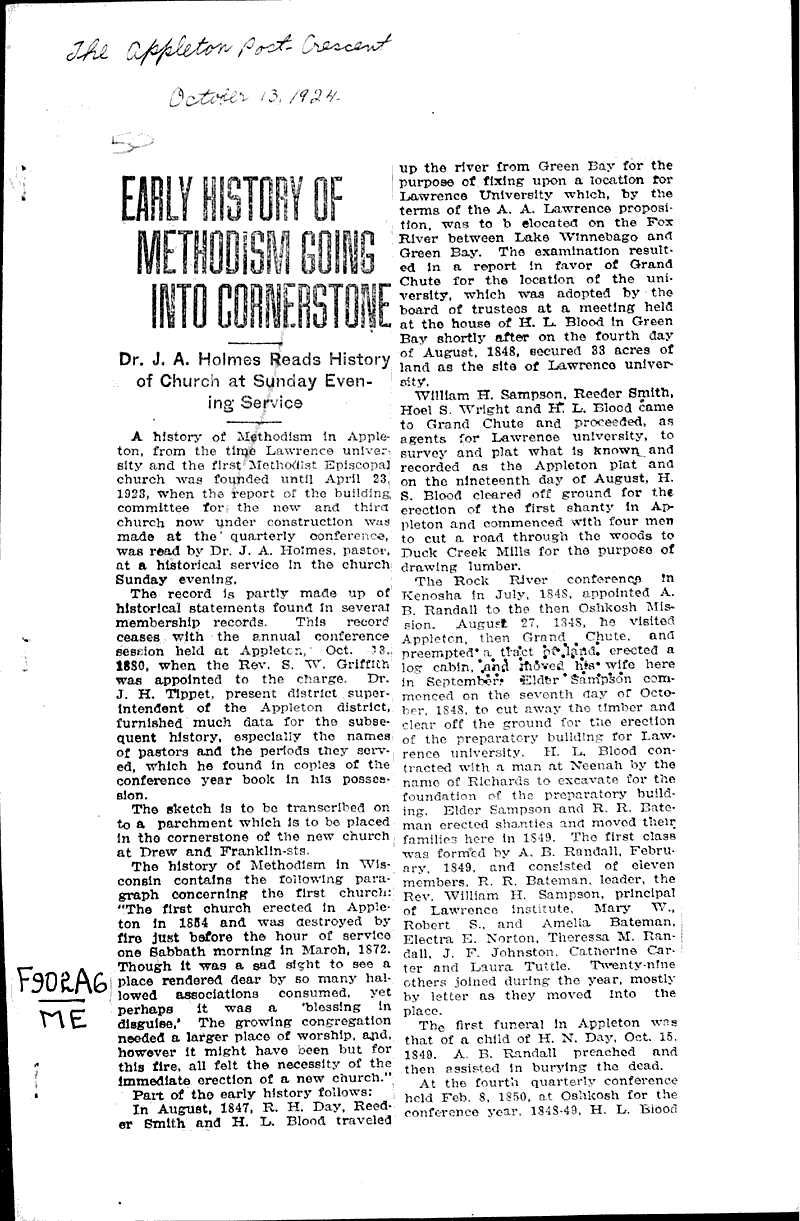  Source: Appleton Post-Crescent Topics: Church History Date: 1924-10-13