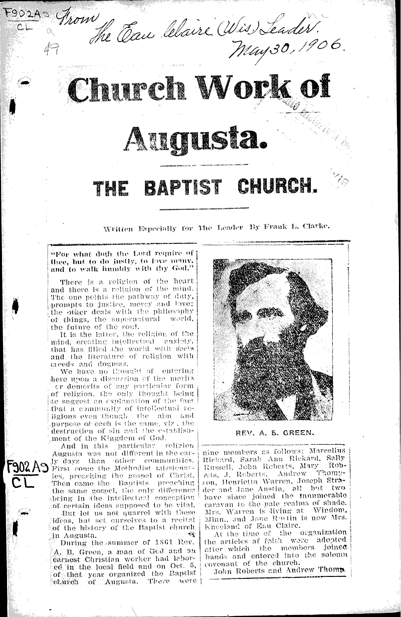  Source: Eau Claire Leader Topics: Church History Date: 1906-05-30