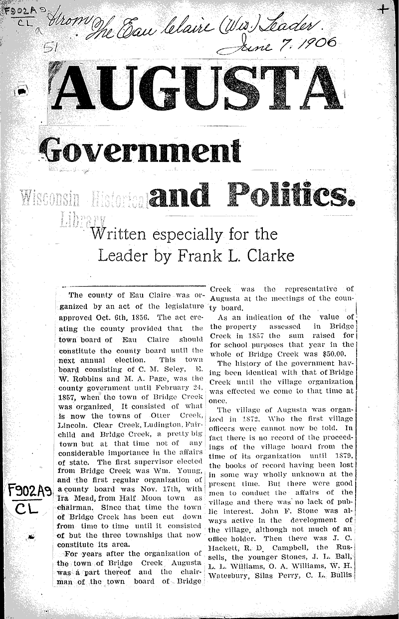  Source: Eau Claire Leader Topics: Government and Politics Date: 1906-06-07