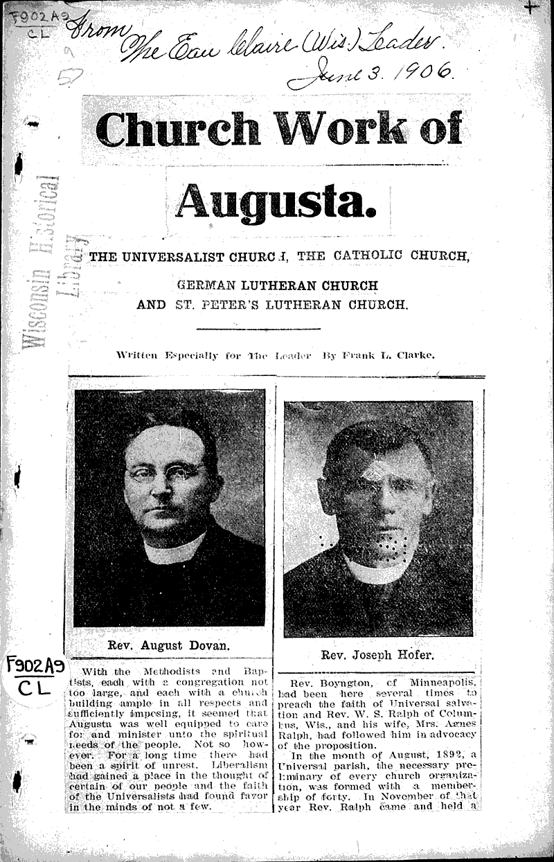  Source: Eau Claire Leader Topics: Church History Date: 1906-06-03
