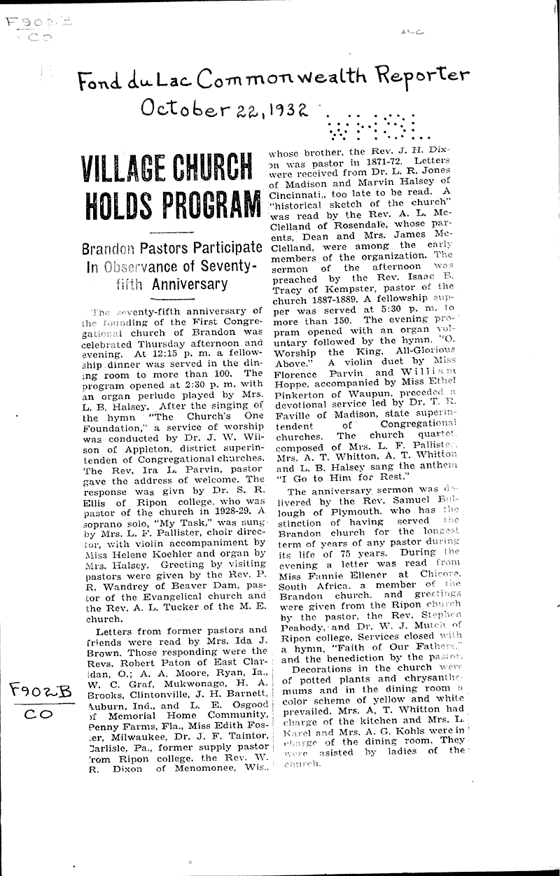  Source: Fond du Lac Commonwealth-Reporter Topics: Church History Date: 1932-10-22