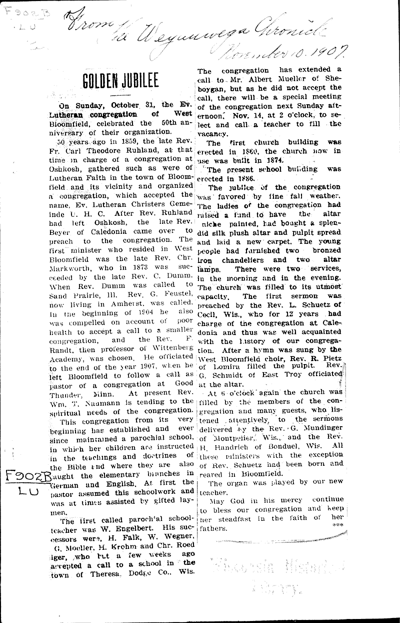  Source: Weyauwega Chronicle Topics: Church History Date: 1907-11-10