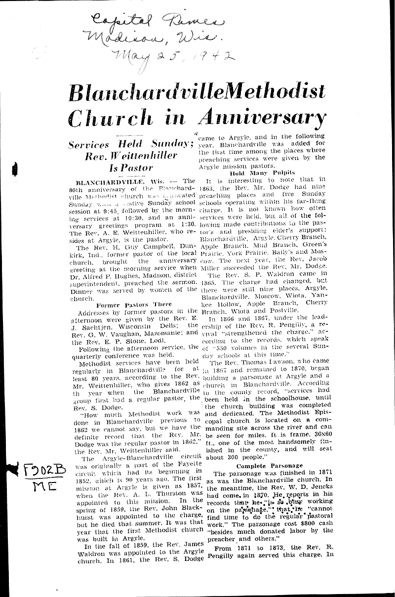  Source: Capital Times Topics: Church History Date: 1942-05-25