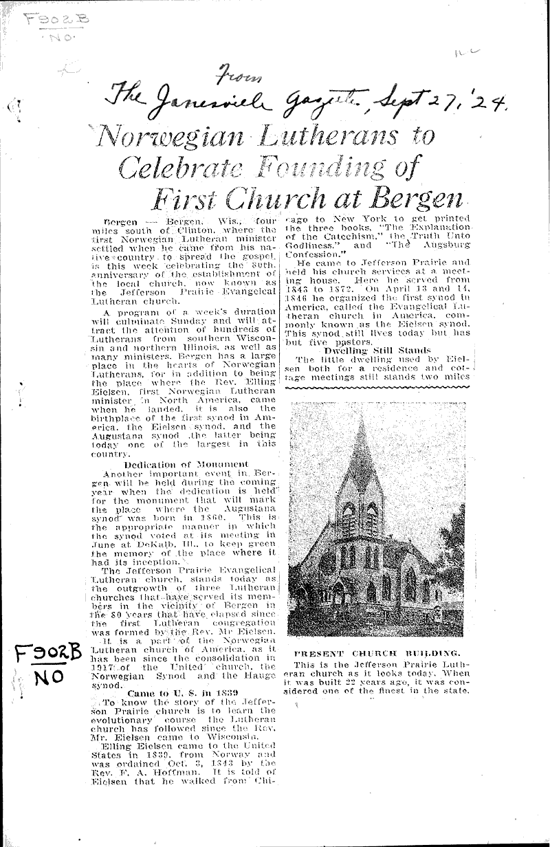  Source: Janesville Gazette Topics: Church History Date: 1924-09-27