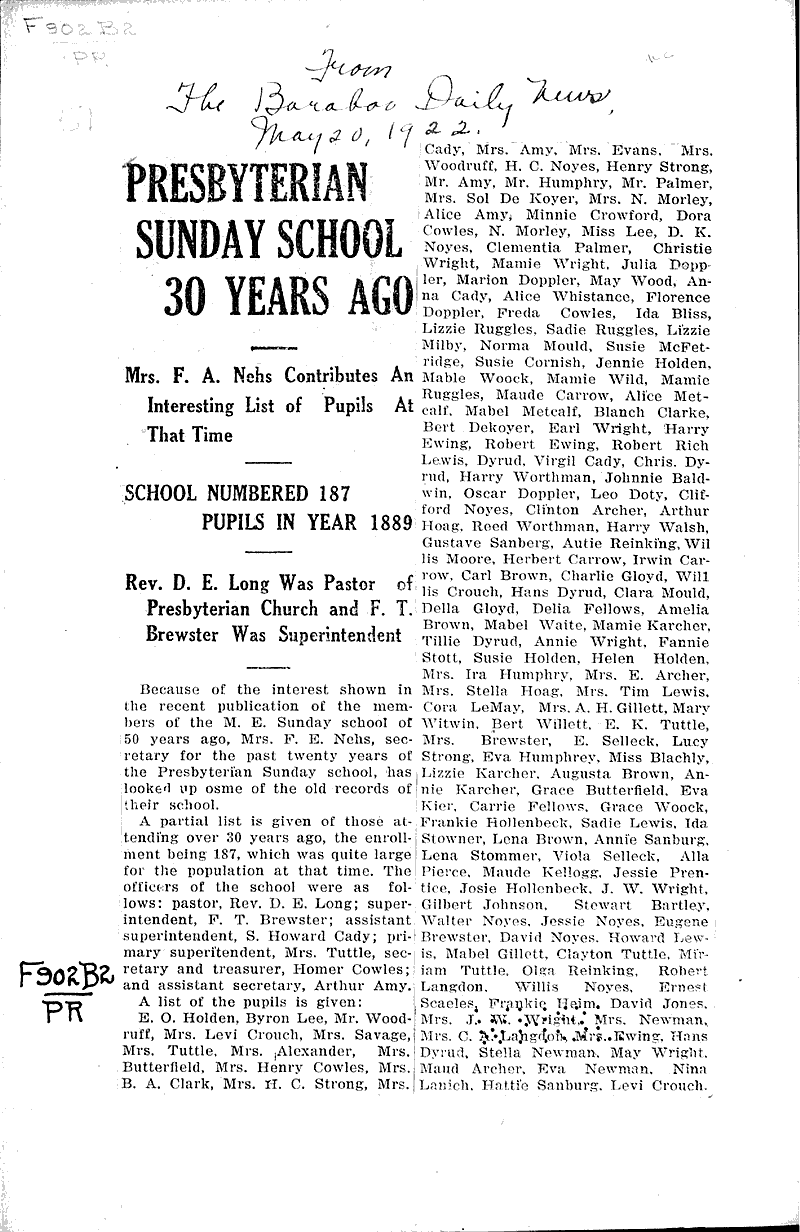 Source: Baraboo Daily News Topics: Church History Date: 1922-05-20