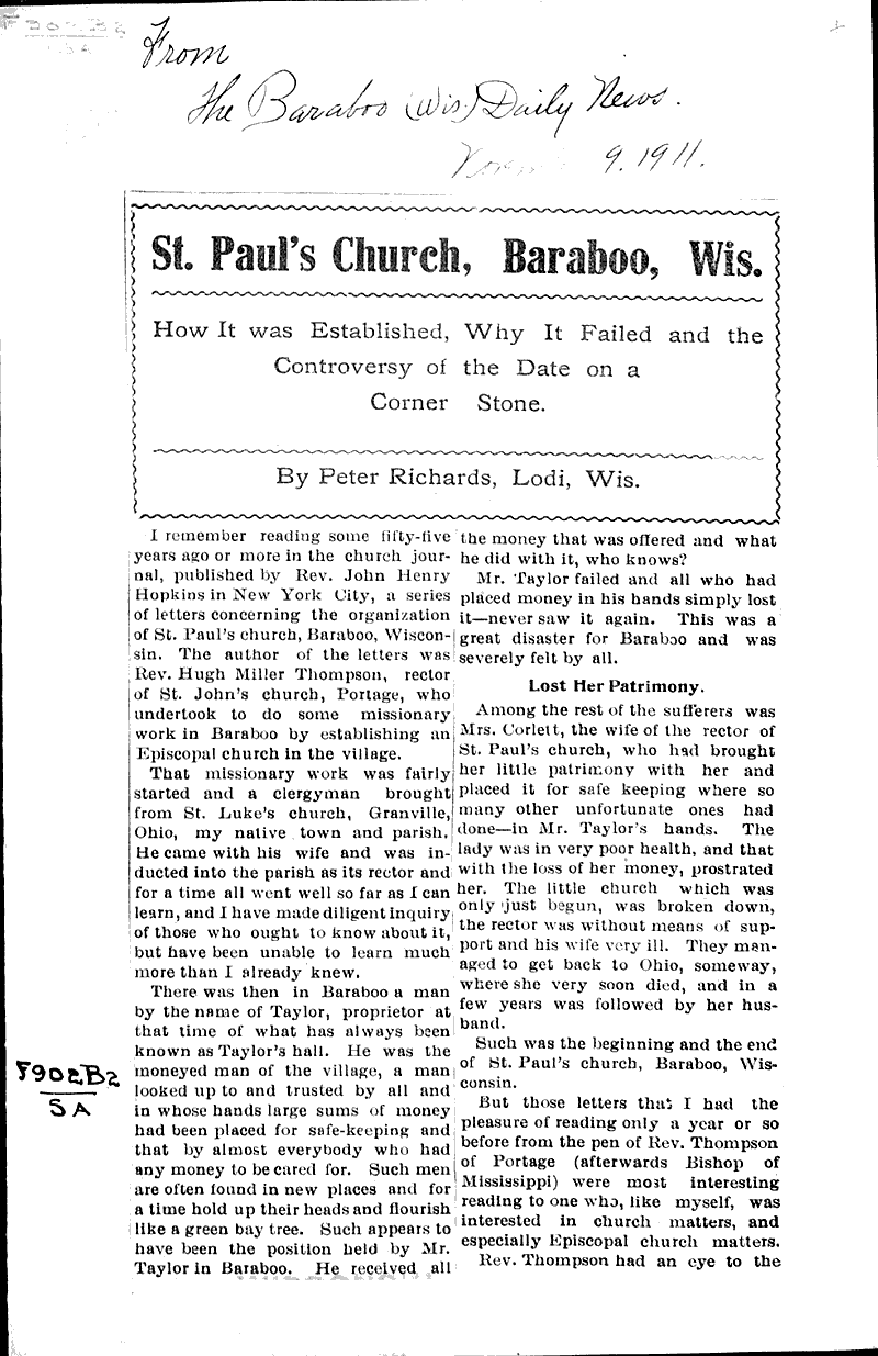  Source: Beloit Daily News Topics: Church History Date: 1911-11-09