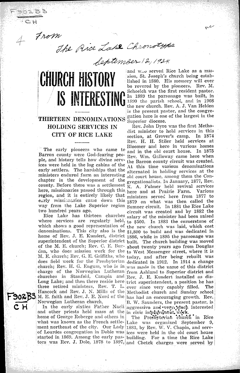  Source: Rice Lake Chronotype Topics: Church History Date: 1924-09-12
