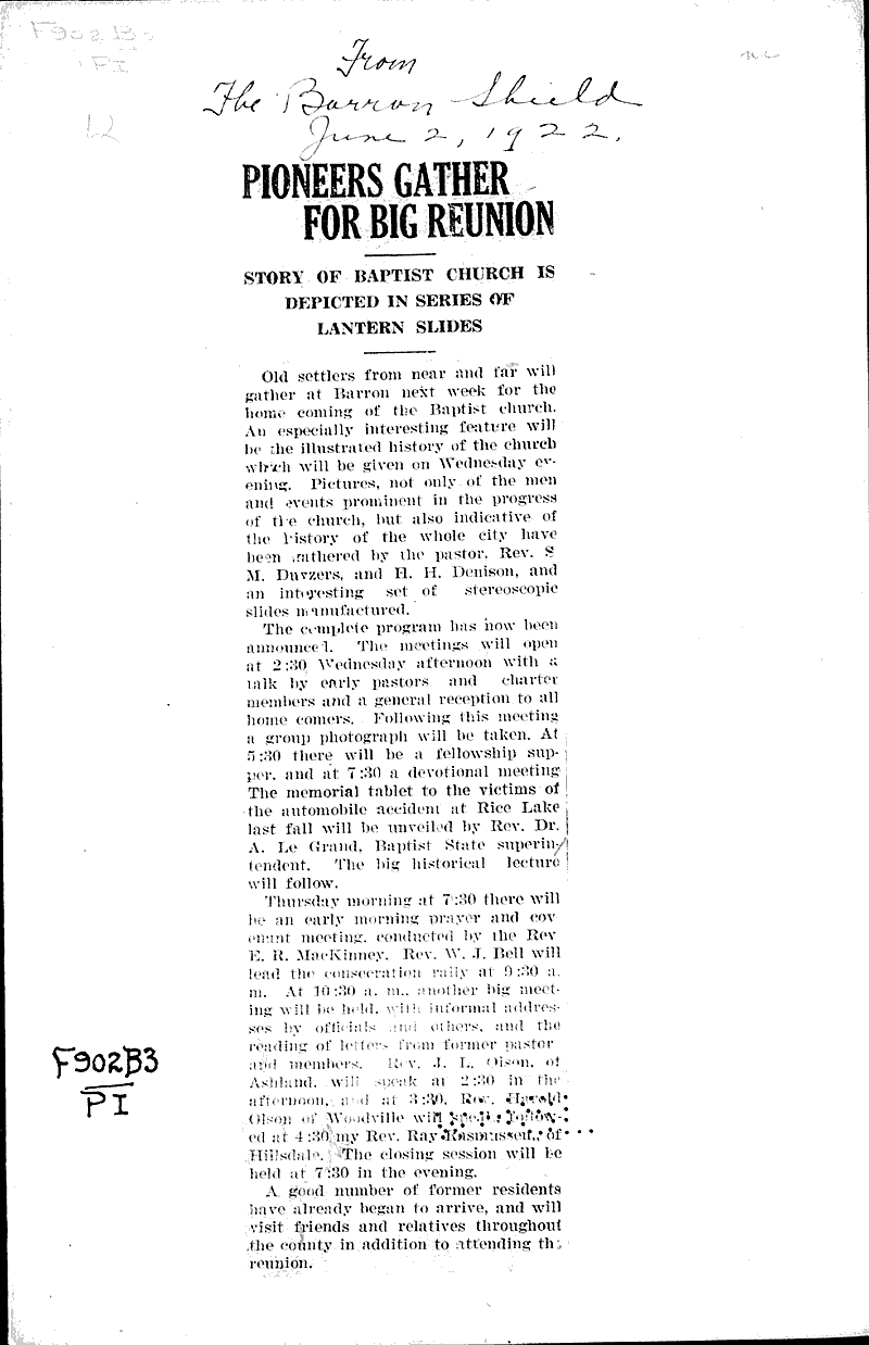  Source: Barron County Shield Topics: Church History Date: 1922-06-02