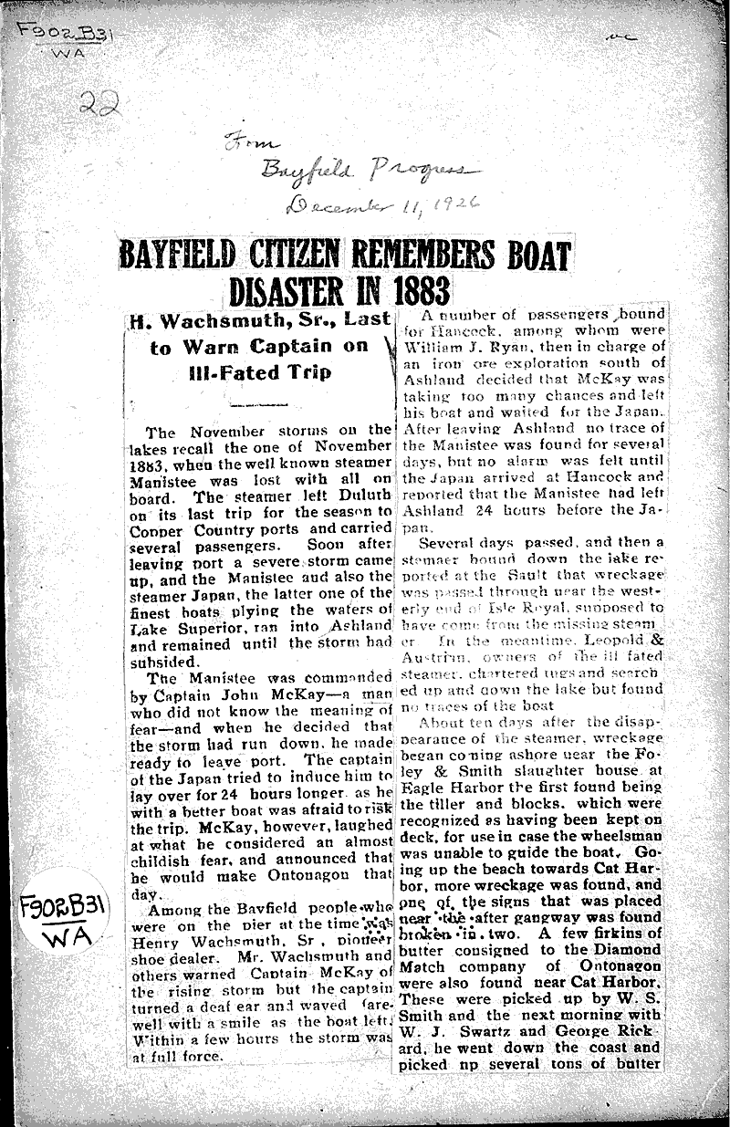  Source: Bayfield Progress Topics: Voyages and Travels Date: 1926-12-11