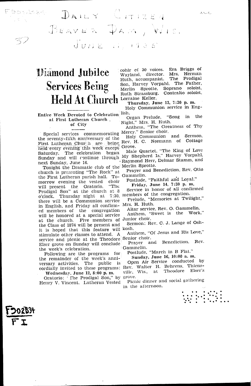  Source: Beaver Dam Daily Citizen Topics: Church History Date: 1935-06-11