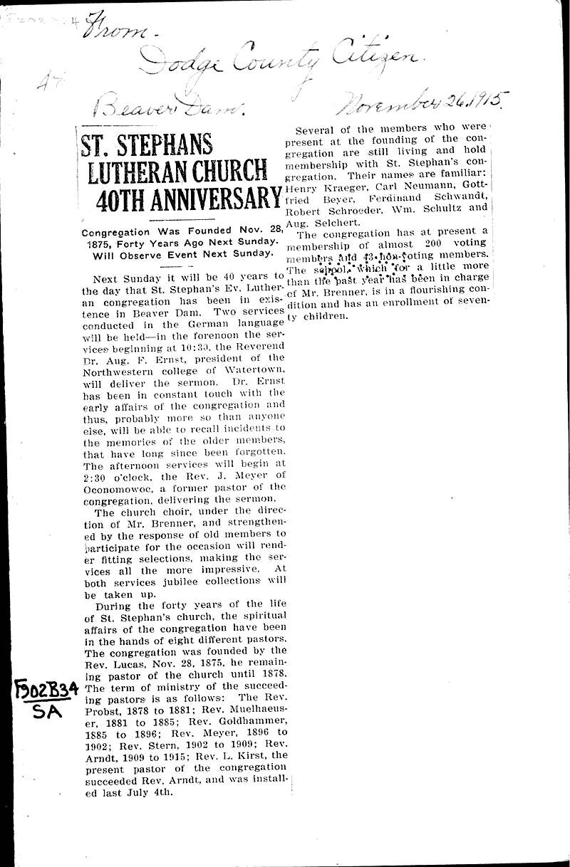  Source: Dodge County Citizen Topics: Church History Date: 1915-11-26