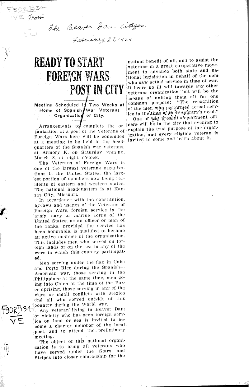  Source: Beaver Dam Daily Citizen Topics: Wars Date: 1944-02-27