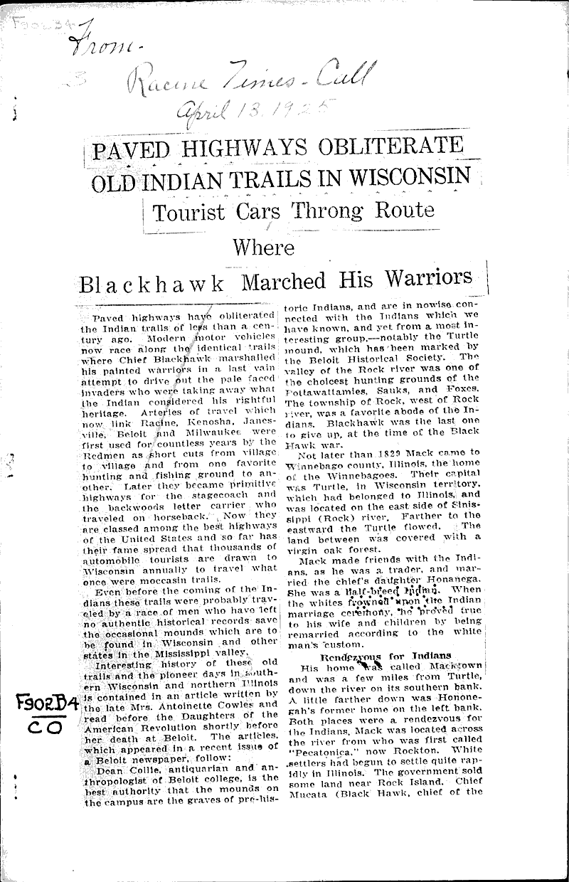  Source: Racine Times Call Topics: Indians and Native Peoples Date: 1925-04-13