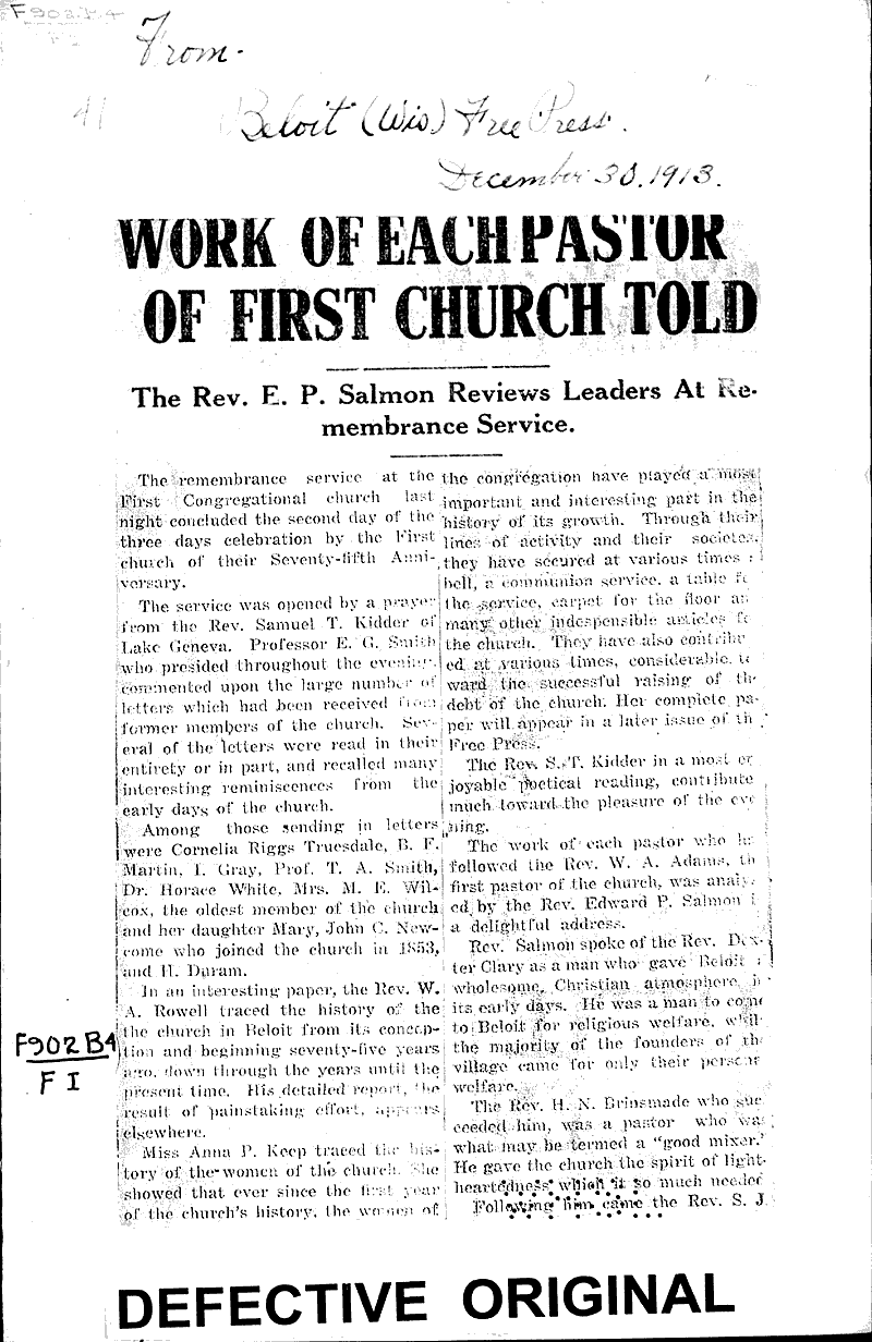  Source: Beloit Free Press Topics: Church History Date: 1913-12-30