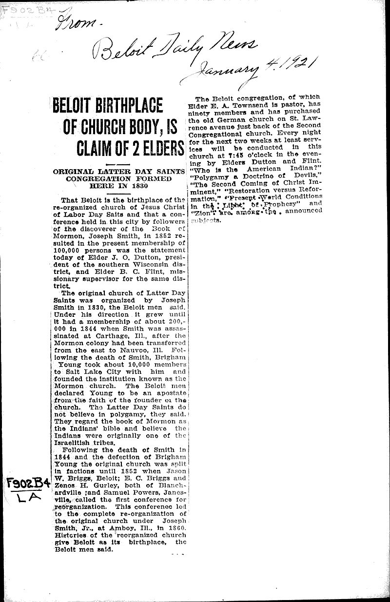  Source: Beloit Daily News Topics: Church History Date: 1921-01-04