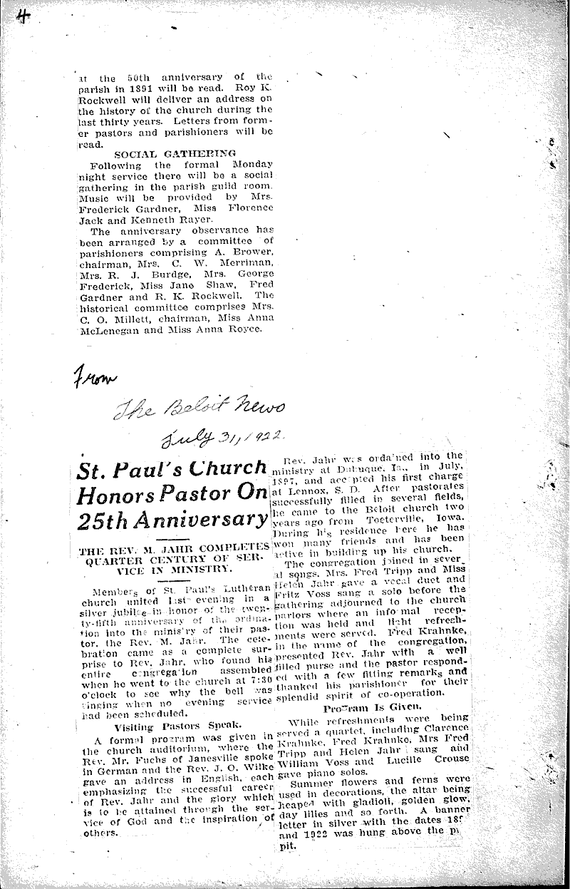  Source: Beloit Daily News Topics: Church History Date: 1922-07-31