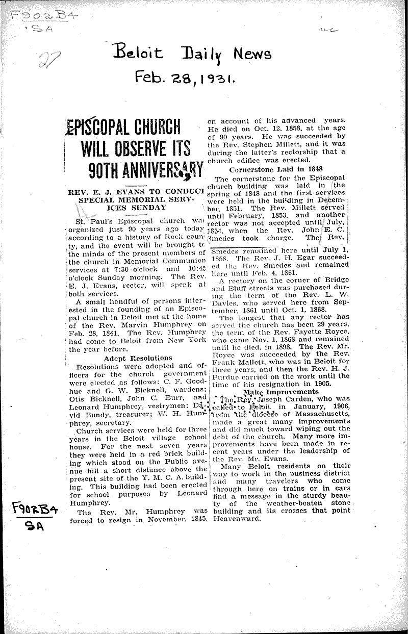  Source: Beloit Daily News Topics: Church History Date: 1931-02-28