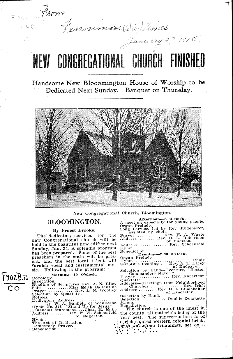  Source: Fennimore Times Topics: Church History Date: 1915-01-27