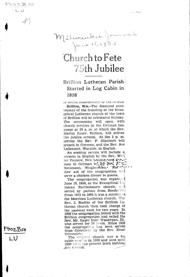 Source: Milwaukee Journal Topics: Church History Date: 1933-06-18