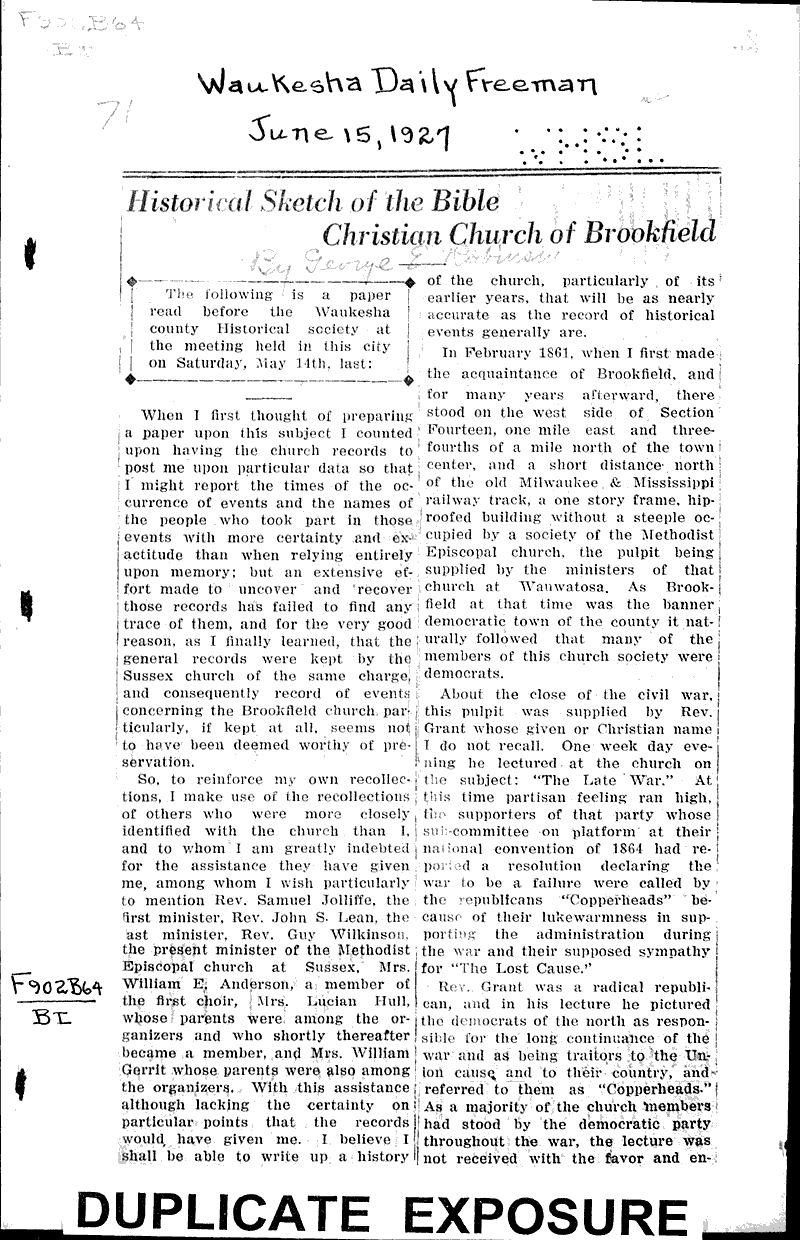  Source: Waukesha Daily Freeman Topics: Church History Date: 1927-06-15