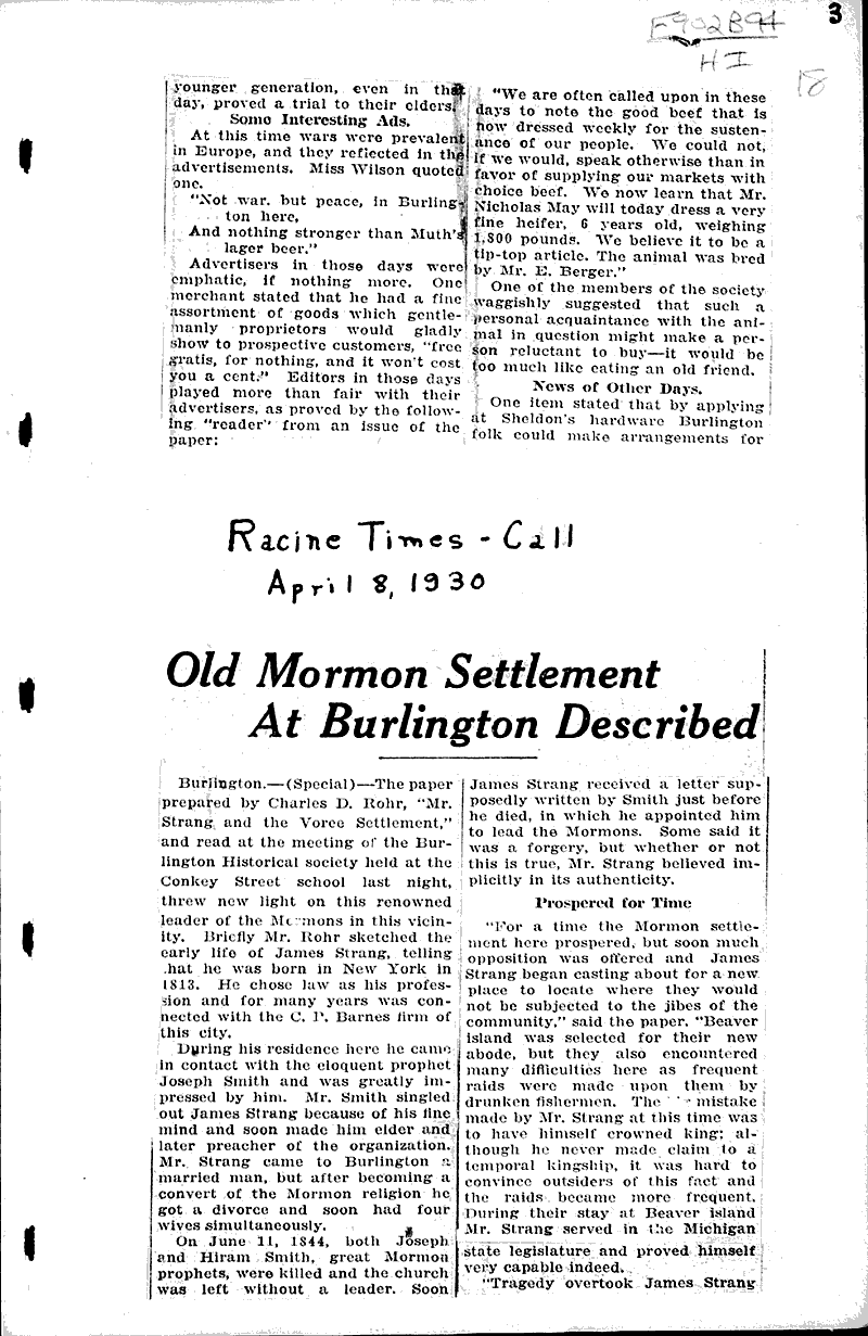  Source: Racine Times Call Topics: Church History Date: 1930-04-08
