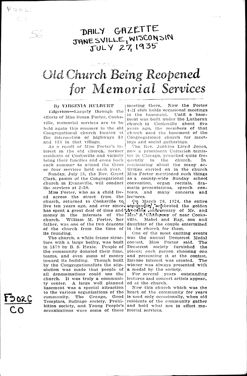  Source: Janesville Daily Gazette Topics: Church History Date: 1935-07-27