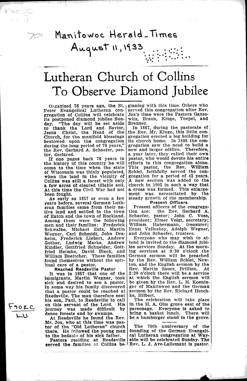  Source: Manitowoc Herald Times Topics: Church History Date: 1933-08-11