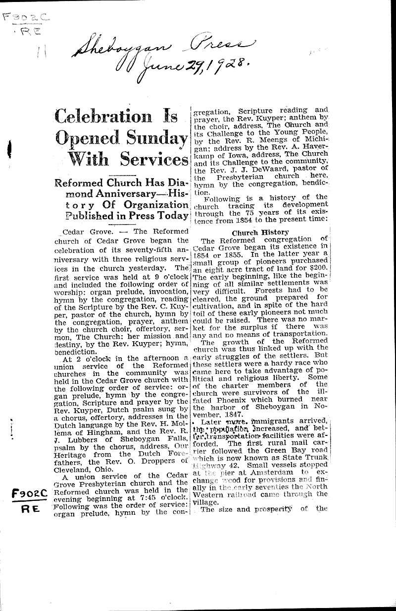  Source: Sheboygan Press Topics: Church History Date: 1928-06-29