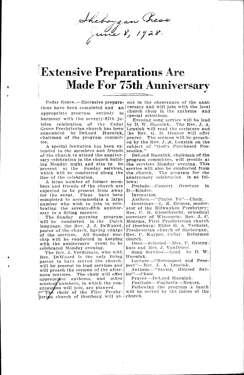  Source: Sheboygan Press Topics: Church History Date: 1928-06-08